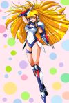  1990s_(style) 1girl ;d arm_guards arm_up armor armored_boots blonde_hair blue_leotard boots breastplate breasts covered_navel dotted_background elbow_gloves full_body ginga_ojou-sama_densetsu_yuna gloves green_eyes groin hair_tie headgear high_ponytail highres hip_armor kagurazaka_yuna knee_boots large_breasts leotard long_hair long_sidelocks looking_at_viewer microsoft_paint_(medium) multicolored_leotard one_eye_closed open_mouth pauldrons pink_background pixel_art ponytail retro_artstyle rf_(aruehu) shoulder_armor sidelocks smile solo thigh_strap two-tone_leotard very_long_hair white_gloves white_leotard wide_ponytail 