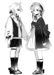  1boy 1girl aether_(genshin_impact) aged_down ahoge alternate_costume back_bow bow bowtie braid brother_and_sister clenched_hand closed_mouth collared_shirt criss-cross_straps dress earrings empty_eyes full_body genshin_impact hair_between_eyes hair_bow hairband half-closed_eyes headdress holding_hands jewelry leonrui long_hair long_sleeves looking_at_viewer low-braided_long_hair low-tied_long_hair lumine_(genshin_impact) mandarin_collar monochrome open_clothes open_vest puffy_long_sleeves puffy_sleeves puritan_collar shirt shoes short_hair shorts siblings sidelocks simple_background single_braid socks standing thigh_strap two-tone_dress vest 