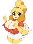  3:4 animal_crossing anthro bell big_breasts blonde_hair bottomwear breasts button_(fastener) canid canine canis cleavage clothed clothing digital_media_(artwork) domestic_dog eyelashes female fur hair hi_res huge_breasts isabelle_(animal_crossing) looking_at_viewer mammal motion_lines nintendo nr_ac open_mouth signature simple_background skirt smile solo tailwag thick_thighs video_games white_background yellow_body yellow_fur 