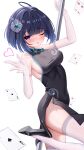 1girl absurdres aichinaigai black_dress black_shoes blush breasts card commentary_request covered_nipples dress elbow_gloves gloves hair_ornament hairpin heart highres large_variant_set looking_at_viewer medium_hair one_eye_closed open_mouth original playing_card pole purple_eyes shoes sideboob simple_background solo standing standing_on_one_leg stripper_pole thighhighs variant_set white_background white_gloves white_thighhighs 