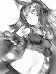  1girl animal_ears bell breasts detached_sleeves greyscale highres hololive jingle_bell long_hair long_sleeves medium_breasts midriff monochrome nanashi_(nlo74593630) navel ookami_mio parted_lips pleated_skirt simple_background skirt solo upper_body white_background wolf_ears 