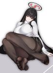  1girl black_hair black_pantyhose black_skirt blue_archive blush breasts commentary_request feet full_body hair_ornament hairclip halo highres large_breasts long_hair long_sleeves looking_at_viewer mydmy pantyhose parted_lips red_eyes rio_(blue_archive) simple_background sitting skirt smile solo sweater thighband_pantyhose thighs turtleneck turtleneck_sweater white_background white_sweater 