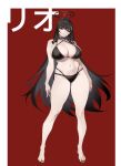  1girl alternate_costume arms_at_sides bare_arms bare_legs bare_shoulders barefoot bikini black_bikini black_choker black_hair black_nails blue_archive blush breasts character_name choker cleavage closed_mouth commentary full_body hair_ornament hairclip halo highres large_breasts long_hair looking_at_viewer mydmy nail_polish navel o-ring o-ring_bikini red_background red_eyes rio_(blue_archive) sideboob simple_background solo standing stomach swimsuit thighs toenail_polish toenails 