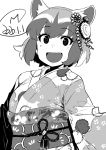  1girl animal_ears blush breasts common_raccoon_(kemono_friends) eyebrows_visible_through_hair fang floral_print greyscale happa_(cloverppd) japanese_clothes kemono_friends kimono large_breasts long_sleeves looking_at_viewer monochrome multicolored_hair open_mouth raccoon_ears raccoon_girl short_hair smile solo two-tone_hair upper_body 