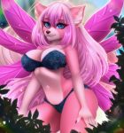 adorableinall anthro blue_eyes breasts canid canine canis clothed clothing eyelashes female fingers fur hair looking_at_viewer mammal mariah_veiethe nails outside plant purple_hair smile solo wings wolf 