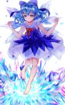  1girl absurdres bare_legs barefoot blue_bow blue_dress blue_eyes blue_hair blue_nails bow cirno closed_mouth collarbone commentary_request cryokinesis detached_wings dress full_body gagaku_kawa_rei hair_bow highres ice ice_wings nail_polish smile solo toenail_polish toenails touhou wings 