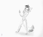  canid canine fox genitals gesture greyscale hi_res hybrid insult kadeki male mammal middle_finger monochrome negu_character nude penis solo 