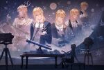  6+boys absurdres age_comparison aged_down ahoge alkaid_mcgrath alkaid_mcgrath_(awakening) alkaid_mcgrath_(eden) alkaid_mcgrath_(godheim) alkaid_mcgrath_(legendary_whale_song) alkaid_mcgrath_(spirit_world) antlers aqua_necktie arm_support ascot backlighting bellows_camera black_cape black_gloves black_shorts blonde_hair blue_cardigan book book_stack bracer buttons camera cape cardigan celestial_globe chinese_commentary closed_eyes closed_mouth collared_shirt constellation crescent crescent_necklace cup dated deer_antlers diagonal-striped_clothes diagonal-striped_necktie diamond_button earrings expressionless facing_away frilled_gloves frills full_body gloves gold_necklace green_eyes grey_vest hair_between_eyes hand_chains hand_up head_chain herbarium highres holding holding_cup holding_plant holding_saucer hoop_earrings horns jacket jewelry lapels light_particles long_sleeves looking_at_object looking_at_viewer lovebrush_chronicles low_ponytail male_focus medium_hair mobile multiple_boys multiple_persona necklace necktie observatory open_cardigan open_clothes open_hand open_jacket open_robe orb parted_lips planet plant ponytail profile ranxizi ring robe saucer see-through_clothes shirt short_sleeves shorts side_cape sideways_glance single_antler sitting sky small_stellated_dodecahedron smile star_(sky) star_(symbol) stargazing starry_sky stool striped_clothes suit_jacket suspenders table teacup telescope tie_clip upper_body vest vines white_ascot white_gloves white_jacket white_robe white_shirt white_vest 