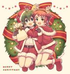  2boys ahoge antlers belt black_gloves blue_eyes boots bow capelet child christmas christmas_ornaments christmas_wreath collared_shirt commentary_request digimon digimon_universe:_appli_monsters fake_antlers fur-trimmed_boots fur-trimmed_capelet fur-trimmed_headwear fur-trimmed_shorts fur_trim gloves green_eyes green_hair hat holding holding_another's_arm holding_sack horns hug kodomo_doushi lulu_hane male_focus merry_christmas multiple_boys ozora_yujin red_bow red_capelet red_hair red_hat red_ribbon reindeer_antlers ribbon sack santa_costume santa_hat shinkai_haru shirt shorts star_(symbol) white_shirt wreath yaoi 