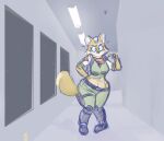 anthro black_boots black_clothing black_footwear black_nose blush boots bottomwear cameroo canid canine clothed clothing crossgender electrical_outlet female footwear fox fox_mccloud green_bottomwear green_clothing green_pants hallway kerchief larathelabrat mammal mtf_crossgender nintendo open_mouth pants red_kerchief shoes solo space star_fox tail tongue_showing