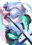  1girl apple black_hairband commentary_request food fruit green_eyes green_vest grey_hair hairband highres hitodama hitodama_print holding holding_sword holding_weapon katana konpaku_youmu konpaku_youmu_(ghost) looking_at_viewer puffy_short_sleeves puffy_sleeves shirt short_sleeves solo sword touhou u_u_zan vest weapon white_shirt 