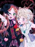  2girls ahyang666 black_background black_gloves blonde_hair chocolat_meilleure commentary dress earrings fangs flower frilled_wrist_cuffs frills gloves green_eyes hair_flower hair_ornament heart highres jewelry long_hair looking_at_viewer multiple_girls one_eye_closed orange_hair pearl_earrings pointy_ears purple_eyes short_hair simple_background smile sugar_sugar_rune v vanilla_mieux wrist_cuffs 