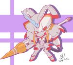  1girl 9rimson breasts chibi chibi_only closed_mouth commentary darling_in_the_franxx full_body holding holding_polearm holding_weapon horns lance looking_at_viewer mecha mecha_focus no_humans polearm red_eyes robot single_horn small_breasts smile solo strelizia weapon 