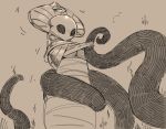  2020 ambiguous_gender anthro arthropod bandage breasts clothing digital_media_(artwork) female female/ambiguous godseeker hi_res hollow_knight insect monochrome napalm_express simple_background solo team_cherry tentacles undressing video_games 