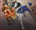 2018 alley anthro balls big_tail biped black_hair black_nose blue_clothing blue_gloves blue_handwear blue_hat blue_headwear blue_shirt blue_topwear bottomless bottomless_male canid canine carmelita_fox cheek_tuft clenched_teeth clothed clothing collar_tag countershade_face countershade_fur countershade_tail countershade_torso countershading crossgender digitigrade dipstick_ears duo_focus ear_markings ear_piercing ear_ring facial_markings facial_tuft female flaccid fluffy fluffy_tail fox fuf fur genitals glans gloves gloves_(marking) grey_body grey_fur group gun hair handwear hat head_markings headgear headwear hi_res holding_gun holding_object holding_ranged_weapon holding_weapon humanoid_genitalia humanoid_penis leg_markings looking_at_viewer looking_back looking_back_at_viewer male mammal markings mask_(marking) mtf_crossgender multicolored_ears nude orange_body orange_fur penis piercing procyonid public public_nudity raccoon ranged_weapon ring_(marking) ring_piercing ringed_tail running shirt short_hair sly_cooper sly_cooper_(series) socks_(marking) sony_corporation sony_interactive_entertainment striped_markings striped_tail stripes sucker_punch_productions tail tail_markings tan_body tan_countershading tan_fur teeth topwear tuft weapon