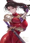  1girl arm_under_breasts armor black_gloves black_hair bodysuit breasts brown_eyes closed_mouth commentary_request covered_navel cowboy_shot ema_(emaura) fingerless_gloves gloves hair_ribbon high_ponytail highres holding holding_mask holding_sword holding_weapon impossible_bodysuit impossible_clothes large_breasts long_hair looking_at_viewer mask ninja pauldrons ponytail red_bodysuit red_ribbon reverse_grip ribbon shoulder_armor simple_background solo soulcalibur sword taki_(soulcalibur) vambraces watermark weapon white_background 