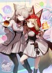  2girls absurdres ahoge animal_ear_fluff animal_ears arknights arknights:_endfield bare_shoulders belt black_boots black_gloves black_pantyhose blonde_hair blue_eyes boots cape commentary_request dress fingerless_gloves food gloves grey_hair highres holding holding_hands holding_plate hood hood_up hooded_cape interlocked_fingers jacket long_hair long_sleeves looking_at_viewer making-of_available multiple_girls off_shoulder open_mouth pancake pancake_stack pantyhose parted_lips perlica_(arknights) plate puffy_long_sleeves puffy_sleeves red_cape rossi_(arknights) sanzuitaroh speech_bubble spoken_object spoken_sweatdrop sweatdrop tail thigh_belt thigh_strap white_dress white_jacket wolf_ears wolf_girl wolf_tail yellow_eyes 