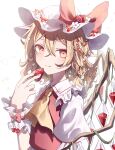 1girl absurdres ascot blonde_hair closed_mouth commentary_request crystal_wings flandre_scarlet flower food frills from_side fruit gagaku_kawa_rei hair_flower hair_ornament hat hat_ribbon highres holding holding_food holding_fruit looking_at_viewer medium_hair mob_cap puffy_short_sleeves puffy_sleeves red_eyes red_nails red_ribbon ribbon short_sleeves side_ponytail simple_background smile solo strawberry touhou upper_body white_background wings yellow_ascot 