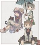  3girls ascot black_cat black_hairband black_skirt black_vest blonde_hair book cat chigu closed_mouth collared_shirt commentary_request crescent crescent_hat_ornament dress green_skirt green_vest grey_hair hair_ribbon hairband hat hat_ornament highres hitodama holding holding_book konpaku_youmu konpaku_youmu_(ghost) mob_cap multiple_girls open_book outside_border patchouli_knowledge purple_eyes purple_hair reading red_ascot red_eyes red_ribbon ribbon rumia shirt sitting skirt skirt_set smile striped_clothes striped_dress touhou twitter_username vertical-striped_clothes vertical-striped_dress vest white_shirt 