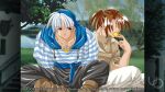  1nd_protagonist 2000s_(style) 2boys aleph_coulson anime_coloring atelier-moo boots brown_boots brown_eyes brown_hair brown_shirt closed_mouth collarbone eating faceless faceless_male game_cg grey_pants hooded_shirt looking_to_the_side multiple_boys non-web_source official_art outdoors pants parted_hair ponytail shirt short_hair short_ponytail sitting sleeves_rolled_up smile striped_clothes striped_shirt white_hair white_pants yuukyuu_gensoukyoku 
