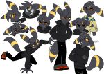 2025 4_fingers absurd_res anthro artist_name black_body black_bottomwear black_clothing black_fur black_hair black_hoodie black_nose black_pants black_tail black_topwear bottomwear claws clothed clothed_anthro clothed_male clothing collared_shirt eeveelution eye_roll finger_claws fingers footwear full-length_portrait fur generation_2_pokemon glowing glowing_eyes glowing_markings hair hand_in_pocket headshot_portrait hi_res hoodie kerchief looking_at_viewer lucky_(odeko-yma) male markings mouth_closed multicolored_clothing multicolored_footwear multicolored_shoes multiple_scenes narrowed_eyes neckerchief neckwear nintendo odeko-yma pants pattern_kerchief pattern_neckerchief pockets pokemon pokemon_(species) pokemorph portrait red_eyes ring_(marking) sharp_teeth shirt shoes simple_background solo standing striped_kerchief striped_neckerchief tail teeth text three-quarter_portrait topwear umbreon uniform white_background yellow_body yellow_fur yellow_sclera