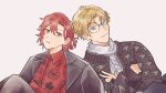  2boys bespectacled black_cardigan black_jacket blonde_hair blue_eyes buttons cardigan commentary crossed_arms floral_print floral_print_shirt glasses gori3po half_updo hanasaki_miyabi highres holostars houndstooth jacket jacket_on_shoulders kishido_temma knit_sweater long_sleeves male_focus medium_hair multiple_boys official_alternate_costume official_alternate_hairstyle open_cardigan open_clothes red_hair red_shirt shirt simple_background sitting sleeves_past_wrists striped_cardigan sweater untranslatable_commentary upper_body white_background white_sweater yellow_eyes 