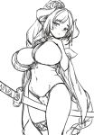  1girl azusa_(granblue_fantasy) bare_arms bare_hips bare_legs bare_shoulders bikini blush breast_focus breasts cleavage demon_horns draph embarrassed granblue_fantasy half-closed_eyes hands_on_own_chest head_tilt high_ponytail highres horns houtengeki huge_breasts katana large_breasts large_horns long_hair monochrome navel petite ponytail shortstack simple_background sketch solo standing swimsuit sword thighs weapon white_background 