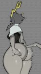 2025 anthro antlers big_butt bottomless bottomless_anthro bottomless_female bovid breasts butt cape caprine clothed clothing digital_drawing_(artwork) digital_media_(artwork) felid feline female floppy_ears glistening glistening_butt goat grey_body hand_on_butt hand_on_own_butt hi_res horn huge_butt hybrid jackalope lagomorph leporid lop_ears mammal medium_breasts nerobero0 pseudoregalia rabbit side_boob side_view small_waist solo sybil_(pseudoregalia) tail text thick_thighs wide_hips