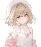  1girl :o beret blonde_hair breasts brown_eyes choppy_bangs cleavage collar commentary_request cowboy_shot dress hair_intakes hat highres jacket jacket_partially_removed karyln long_sleeves looking_at_viewer medium_breasts original parted_lips pink_jacket short_hair simple_background sleeveless sleeveless_dress solo spaghetti_strap standing sundress white_background white_collar white_dress white_hat 