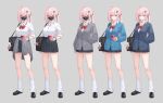  absurdres bag bare_legs black_skirt breasts commentary_request dress_shoes earrings hair_ornament hairclip highres holding holding_phone jewelry jishenkong_jihua mask mouth_mask necklace nemesis_(jishenkong_jihua) phone pink_hair ponytail purple_eyes school_uniform shoulder_bag simple_background skirt socks white_socks whitem_(whiteemperor2020) 