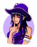  1girl armlet black_hair blue_eyes blunt_bangs circle closed_mouth commentary cowboy_hat cross-laced_clothes cross-laced_top hat highres itsnocti jewelry long_eyelashes long_hair looking_ahead looking_up nico_robin one_eye_closed one_piece pink_lips purple_hat purple_shirt shirt smile solo twitter_username untranslatable_commentary 