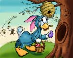 ambiguous_gender anatid anseriform anthro arthropod avian beak bee beehive bird bunny_costume butt_flap clothing costume disney donald_duck duck easter easter_egg exposed_butt feathers food group hi_res holidays honey_(food) hymenopteran insect looking_at_another's_butt male plant solo_focus stinger story_at_source swarm tree white_body white_feathers zdrer456