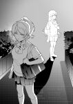  2girls absurdres ayase_eli bag blue_eyes bow bush clenched_hand closed_mouth collared_shirt commentary_request greyscale hair_bow high_ponytail highres holding holding_bag inazuma_(elect_line) kneehighs long_hair looking_at_another love_live! love_live!_school_idol_project monochrome multiple_girls otonokizaka_school_uniform ponytail school_bag school_uniform shadow shirt shoes short_sleeves shoulder_bag skirt socks sonoda_umi standing summer_uniform sweater watermark 