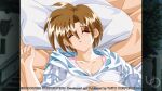  1girl 2000s_(style) anime_coloring atelier-moo breasts brown_hair closed_eyes collarbone fever game_cg hand_up hood hoodie long_sleeves lying medium_breasts non-web_source official_art on_back on_bed open_mouth parted_hair patty_sole pillow pink_tank_top short_hair sick sleeping solo sweat tank_top under_covers upper_body yuukyuu_gensoukyoku 