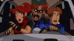  1990s_(style) 1girl 2boys blank_eyes blue_eyes blue_shirt brown_hair car car_interior claire_redfield driving fake_screenshot faux_retro_artstyle fingerless_gloves gloves hands_up leon_s._kennedy lipstick makeup missing_tooth motor_vehicle multiple_boys open_mouth pink_lips police police_uniform ponytail red_vest resident_evil resident_evil_2 retro_artstyle shirt short_hair steering_wheel surprised teeth undead upper_teeth_only vest yinyanggio14 zombie 