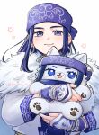  1girl ainu ainu_clothes asirpa bandana blue_eyes blue_hair blush cape earrings fur_cape golden_kamuy highres holding holding_stuffed_toy hoop_earrings jewelry long_hair looking_at_viewer simple_background smile solo stuffed_toy ta_mii_n upper_body white_background 