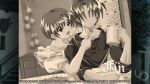  1boy 1girl 1nd_protagonist 2000s_(style) :d :t anime_coloring apron atelier-moo breasts closed_mouth collarbone couple cup eating faceless faceless_male feeding food fork game_cg holding holding_cup holding_fork indoors long_sleeves medium_breasts non-web_source official_art on_food open_mouth parted_hair patty_sole puffy_short_sleeves puffy_sleeves sepia shirt short_hair short_sleeves sleeves_pushed_up smile table upper_body yuukyuu_gensoukyoku 