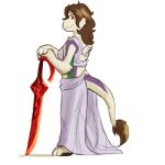 1:1 2021 akamaruburningred alien anthro back_tattoo breasts brown_hair brown_tail_tuft chupadore claws clothed clothing digital_media_(artwork) feet female fur fur_markings green_markings hair hi_res long_hair looking_at_viewer looking_back mammal markings melee_weapon murabal_(raemyshu) pawpads paws pose purple_clothing purple_markings purple_tattoo raemyshu rear_view red_eyes robe rvb_revolution simple_background smile smile_at_viewer solo sword tail tail_tuft tattoo third-party_edit tuft weapon white_body white_fur white_tail