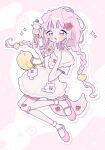  1girl \||/ absurdres animal_ears bare_arms blunt_bangs blush_stickers braid cherry commentary_request dog_ears dog_girl dog_tail dress drooling drop_shadow flower food fruit full_body grid_background hair_flower hair_ornament highres holding holding_food holding_ice_cream ice_cream long_hair mary_janes mouth_drool niyu_(nennenkorori3) open_mouth original outline pink_eyes pink_flower pink_hair pink_shoes pink_tulip rubber_duck_hair_ornament shoes short_sleeves smile socks solo sparkle tail tulip twin_braids white_background white_dress white_outline white_socks 