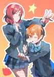  2girls absurdres blue_bow blue_jacket blue_skirt bow buttons clenched_hand closed_mouth collared_shirt commentary_request gradient_background green_eyes highres hoshizora_rin inazuma_(elect_line) index_finger_raised jacket looking_at_viewer love_live! love_live!_school_idol_project medium_hair multiple_girls nishikino_maki one_eye_closed open_hand open_mouth orange_hair otonokizaka_school_uniform outline purple_eyes red_hair school_uniform shirt short_hair simple_background skirt smile star_(symbol) teeth watermark wavy_hair white_outline white_shirt winter_uniform 