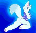 animal_crossing anthro anus arctic_wolf blue_eyes bottomless breasts canid canine canis clothed clothing female fur genitals grimev hair looking_at_viewer mammal nintendo pussy simple_background solo video_games white_body white_fur whitney_(animal_crossing) wolf 