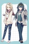  2girls absurdres aqua_background aqua_border bespectacled blonde_hair blush border chain chain_necklace closed_mouth colored_eyelashes commentary_request denim eyewear_on_head flipped_hair full_body gakuen_idolmaster glasses green-framed_eyewear green_eyes green_hair green_pants green_sweater_vest grey_jacket grid_background hair_flaps hair_ornament hairclip hand_up highres idolmaster jacket jewelry long_hair long_sleeves looking_at_viewer multiple_girls necklace open_mouth orange_eyes pants plaid_clothes plaid_jacket sekka_(sekka1202) shinosawa_hiro shirt shoes smile sneakers standing sunglasses sweater_vest tsukimura_temari two-tone_background very_long_hair white_background white_jacket white_shirt yellow-framed_eyewear 