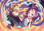  1girl :d absurdres acerola_(pokemon) armlet blue_fire claw_pose commentary dress fire from_side hair_ornament hairclip hands_up highres jewelry looking_to_the_side mimikyu multicolored_dress open_mouth pokemon pokemon_(creature) pokemon_sun_and_moon purple_eyes purple_hair sandals smile stitches toes topknot tsugumi_amon 