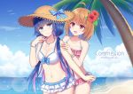  2girls :d ahoge bangle bare_arms bare_shoulders bikini blue_bow blue_eyes blue_hair blue_sky bow bracelet breasts brown_hair brown_headwear character_request cleavage closed_mouth cloud collarbone commentary_request commission day flower frilled_bikini frills hair_flower hair_ornament hat hat_bow hitsuki_rei horizon jewelry long_hair low_twintails medium_breasts multicolored_hair multiple_girls necklace ocean open_mouth outdoors palm_tree pink_bikini pink_hair red_flower seashell shell shironeko_project sky small_breasts smile standing straw_hat summer swimsuit thigh_gap tree twintails two-tone_hair very_long_hair water white_bikini 