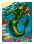 2005 anthozoan aquatic blonde_hair blue_eyes border breasts butt cnidarian coral crown female fin green_body hair headgear humanoid_merfolk implied_transformation justinblong2003 looking_back membrane_(anatomy) outside scuba_gear solo treasure_chest underwater water webbed_hands white_border