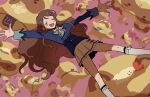  1girl :d aikatsu! aikatsu!_(series) blue_jacket blush_stickers brown_hair closed_eyes commentary_request copyright_notice ebipon english_text floating_hair highres jacket koke_(koke7) lapels legs_apart long_hair long_sidelocks long_sleeves miniskirt notched_lapels outstretched_arms pink_background pleated_skirt red_ribbon ribbon school_uniform shibuki_ran sidelocks skirt smile socks solo spread_arms spread_fingers starlight_academy_school_uniform stuffed_animal stuffed_toy twitter_username watermark wavy_hair white_skirt white_socks 