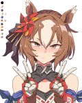  1girl animal_ears breasts brown_hair cleavage double_v gloves horse_ears horse_girl looking_at_viewer multicolored_gloves multicolored_hair red_gloves short_hair simple_background solo streaked_hair toriga_naku two-tone_gloves umamusume v white_background white_gloves white_streaks yaeno_muteki_(attack_of_the_four_white_meteors)_(umamusume) yaeno_muteki_(umamusume) 