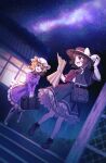  2girls absurdres bag black_capelet black_hat black_skirt blonde_hair blush boots bow briefcase brown_eyes brown_hair capelet commentary_request commission dress frilled_skirt frills full_body gagaku_kawa_rei hair_bow hat hat_bow highres holding holding_briefcase knee_boots lace-up_boots long_sleeves maribel_hearn mob_cap multiple_girls necktie night open_mouth outdoors purple_dress red_necktie shirt shirt_tucked_in shoulder_bag skeb_commission skirt sky smile star_(sky) starry_sky touhou usami_renko white_boots white_bow white_hat white_shirt 