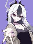  1girl black_choker black_dress black_hair black_horns blue_archive bright_pupils choker collarbone commentary demon_horns diamond_necklace dress ear_piercing grey_halo gyaru_v hair_between_eyes halo highres hncstk horns jacket jacket_partially_removed kayoko_(blue_archive) kayoko_(dress)_(blue_archive) long_hair looking_at_viewer mole mole_on_collarbone multicolored_hair nail_polish official_alternate_costume piercing purple_background purple_jacket purple_nails red_eyes simple_background solo studded_choker two-tone_hair upper_body v white_hair white_pupils 
