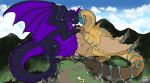 abdominal_bulge ambiguous_gender ambiguous_prey bloated body_size_growth building building_destruction capcom cracked_ground destruction dragon duo feral flippin-rad flying_wyvern grev_(greviste) growth_lines headbutt hi_res macro mass_vore monster_hunter mountain multiple_prey mythological_creature mythological_scalie mythology scalie sini size_transformation tigrex transformation vore